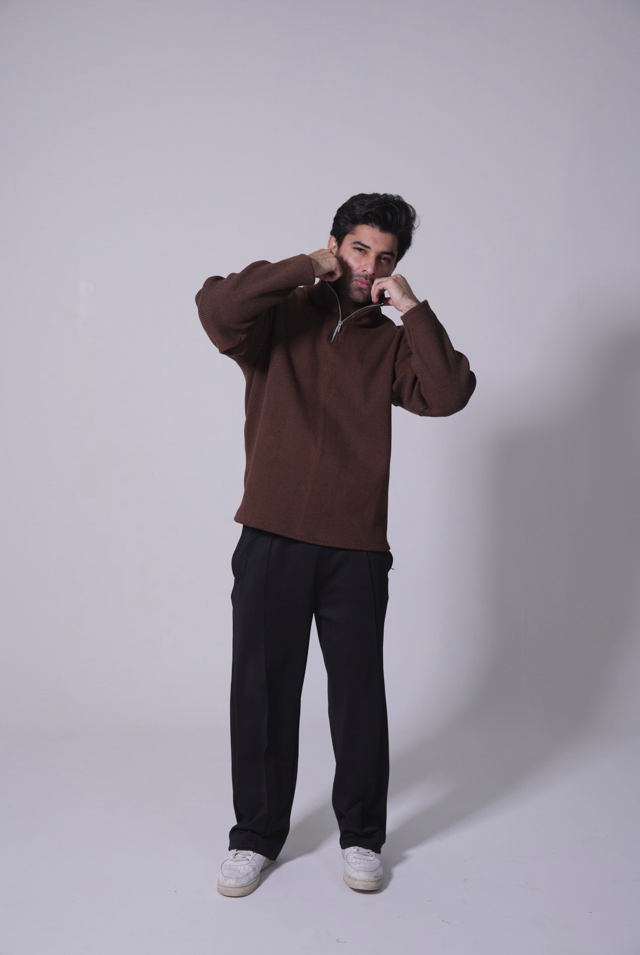 Half Zip Knitted Pullover - Coffee Brown