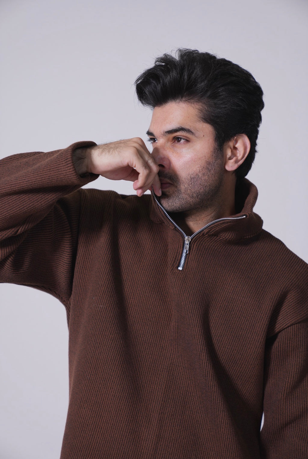 Half Zip Knitted Pullover - Coffee Brown