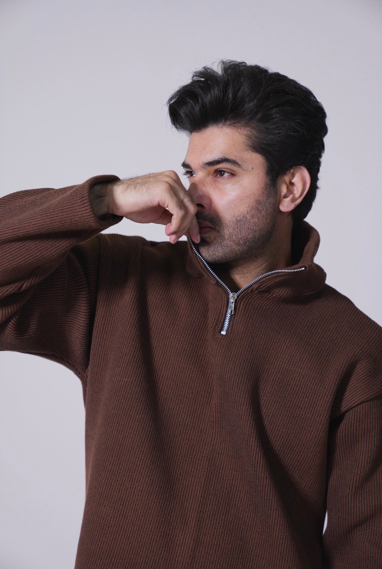 Half Zip Knitted Pullover - Coffee Brown
