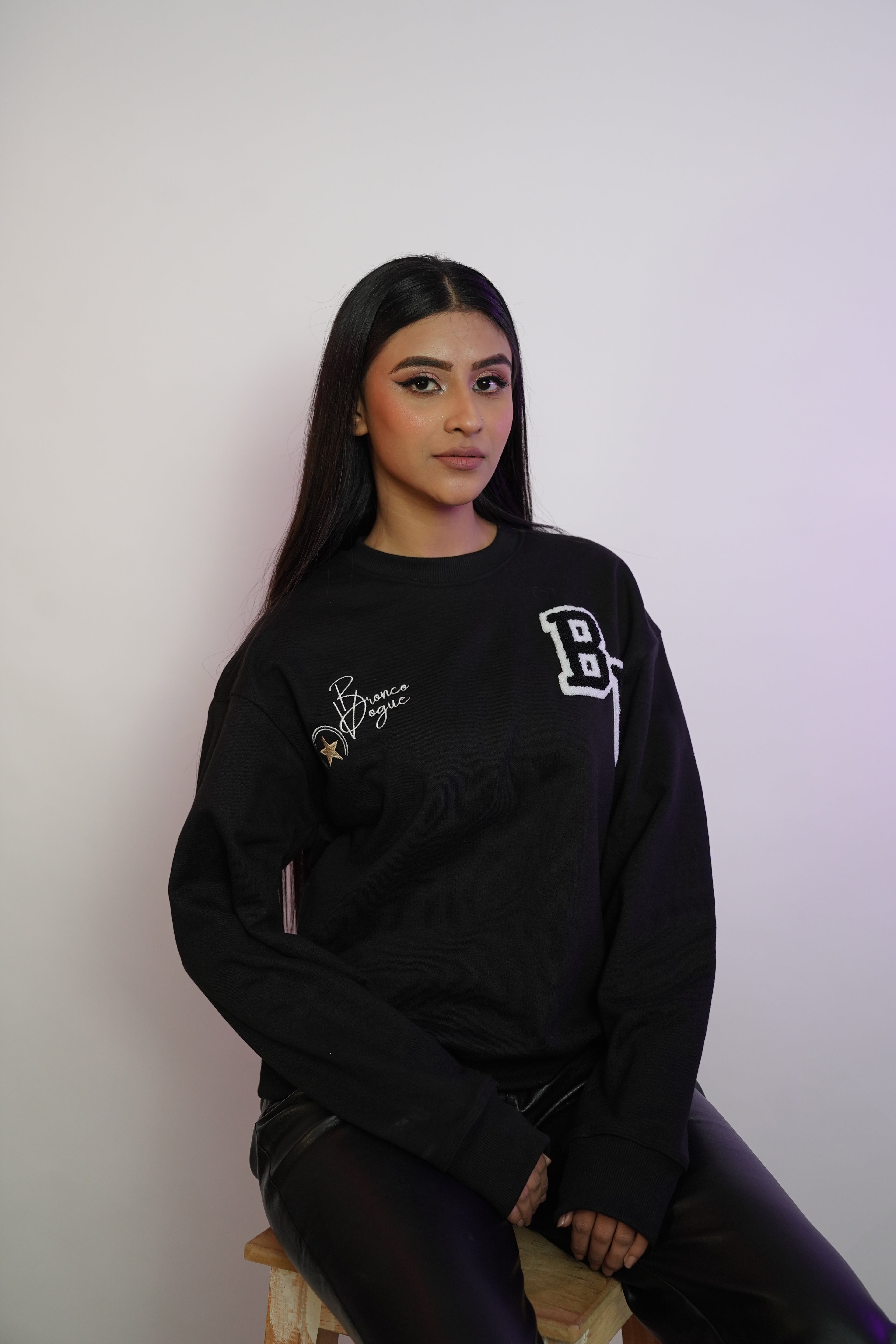 Her Varsity Terry Black Sweatshirt - 350 gsm