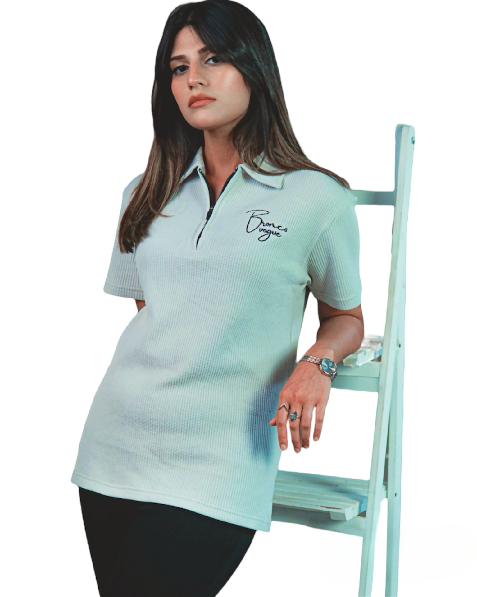 BV - HER White Knitted Zipper Polo - Bronco Vogue