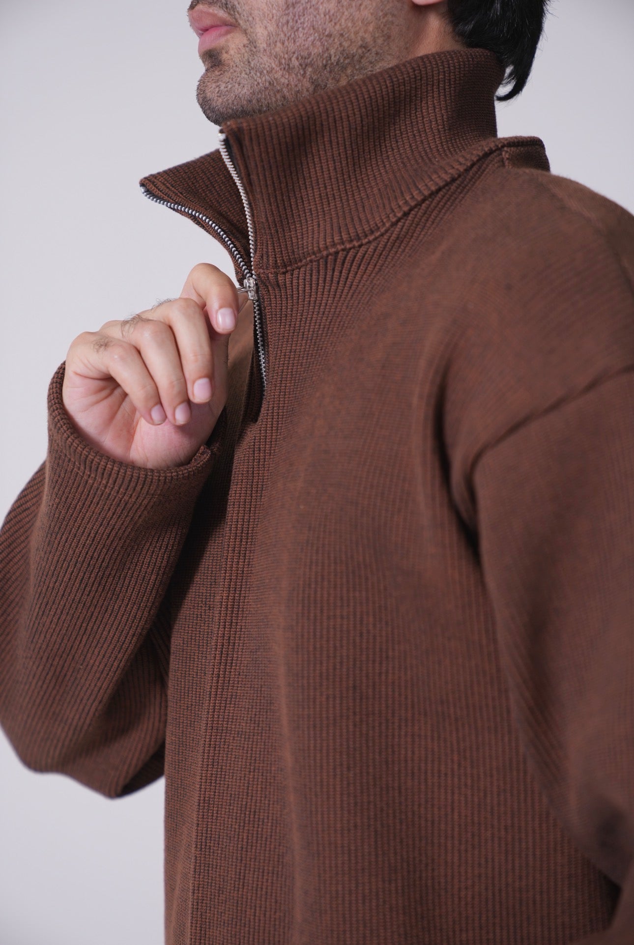 Half Zip Knitted Pullover - Coffee Brown