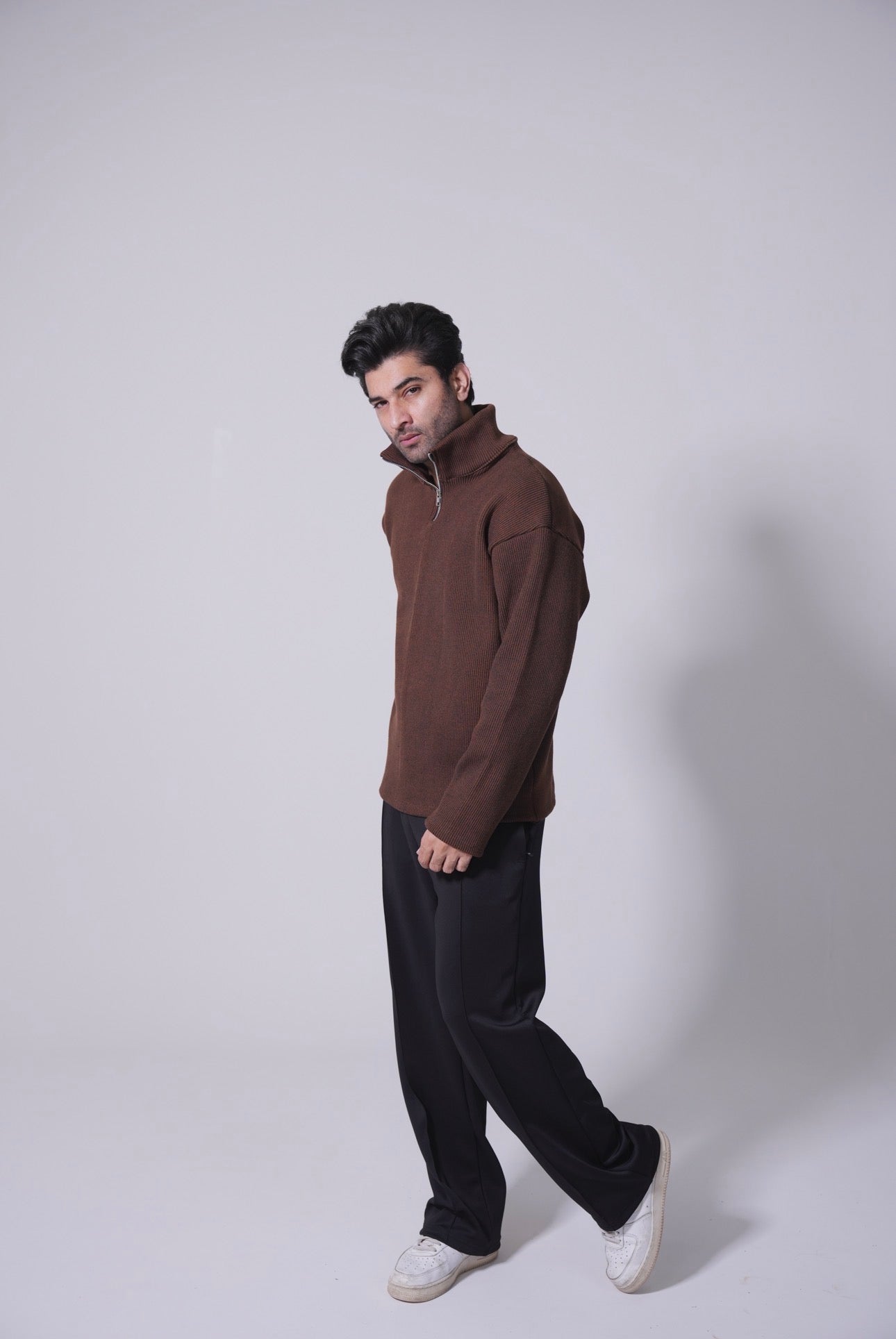 Half Zip Knitted Pullover - Coffee Brown