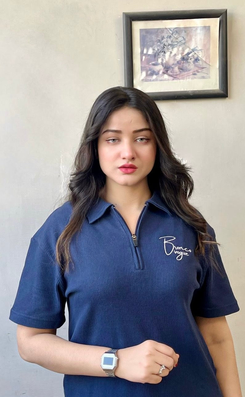 BV - HER Blue Knitted Zipper Polo