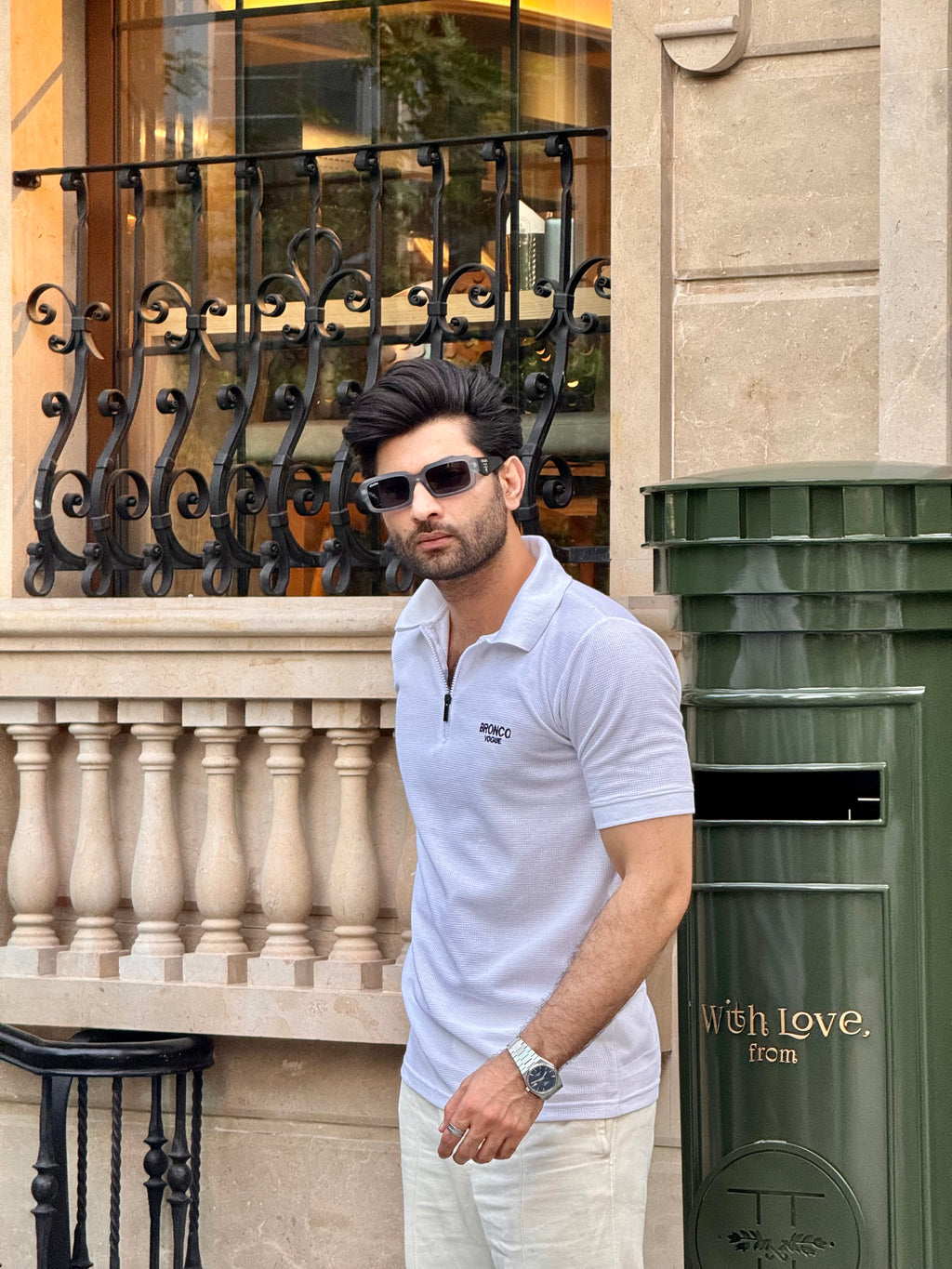 White Zipper Thermal Polo -Old money