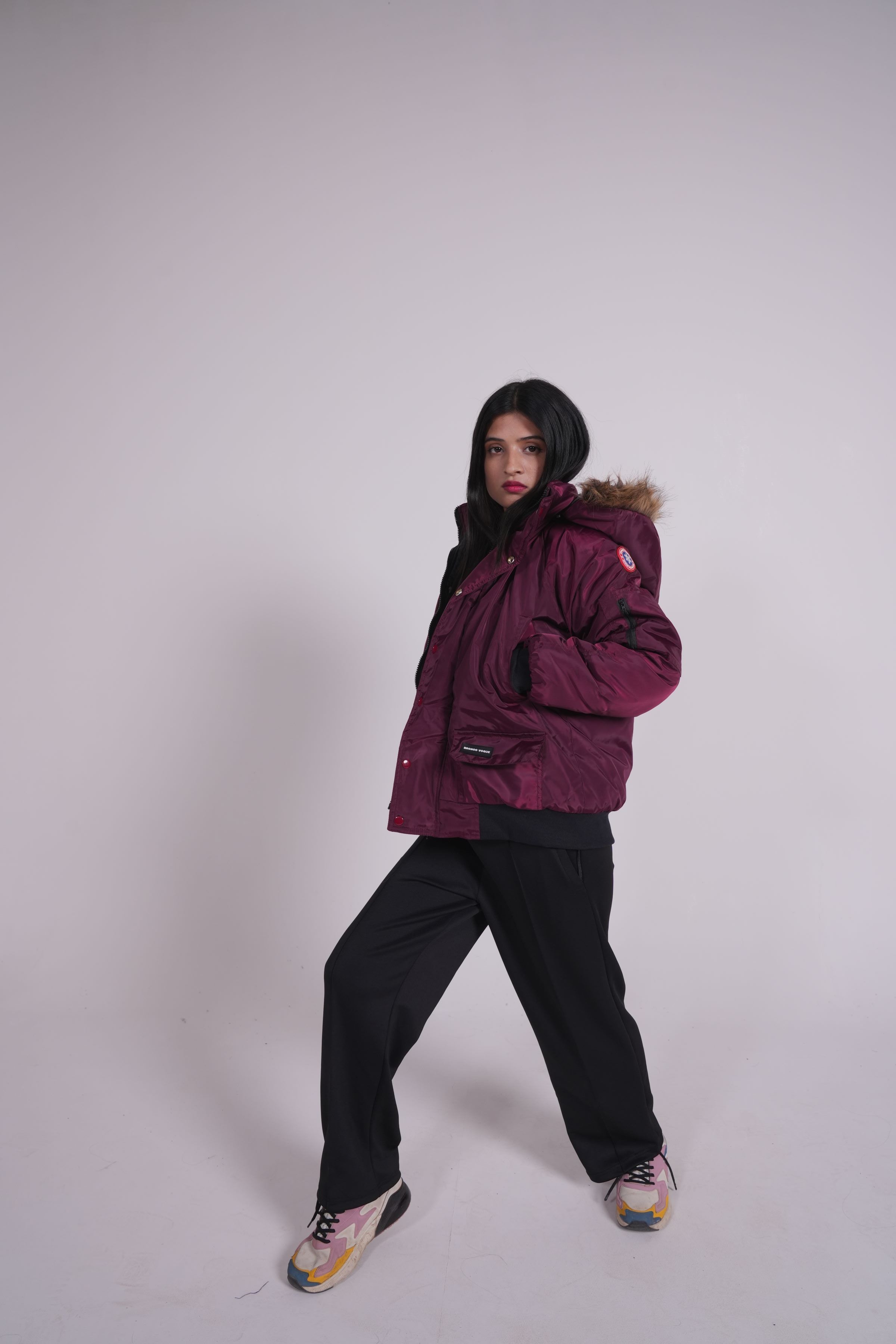 Maroon - Fur hoodie puffer jacket