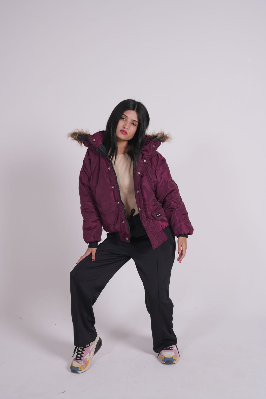 Maroon - Fur hoodie puffer jacket