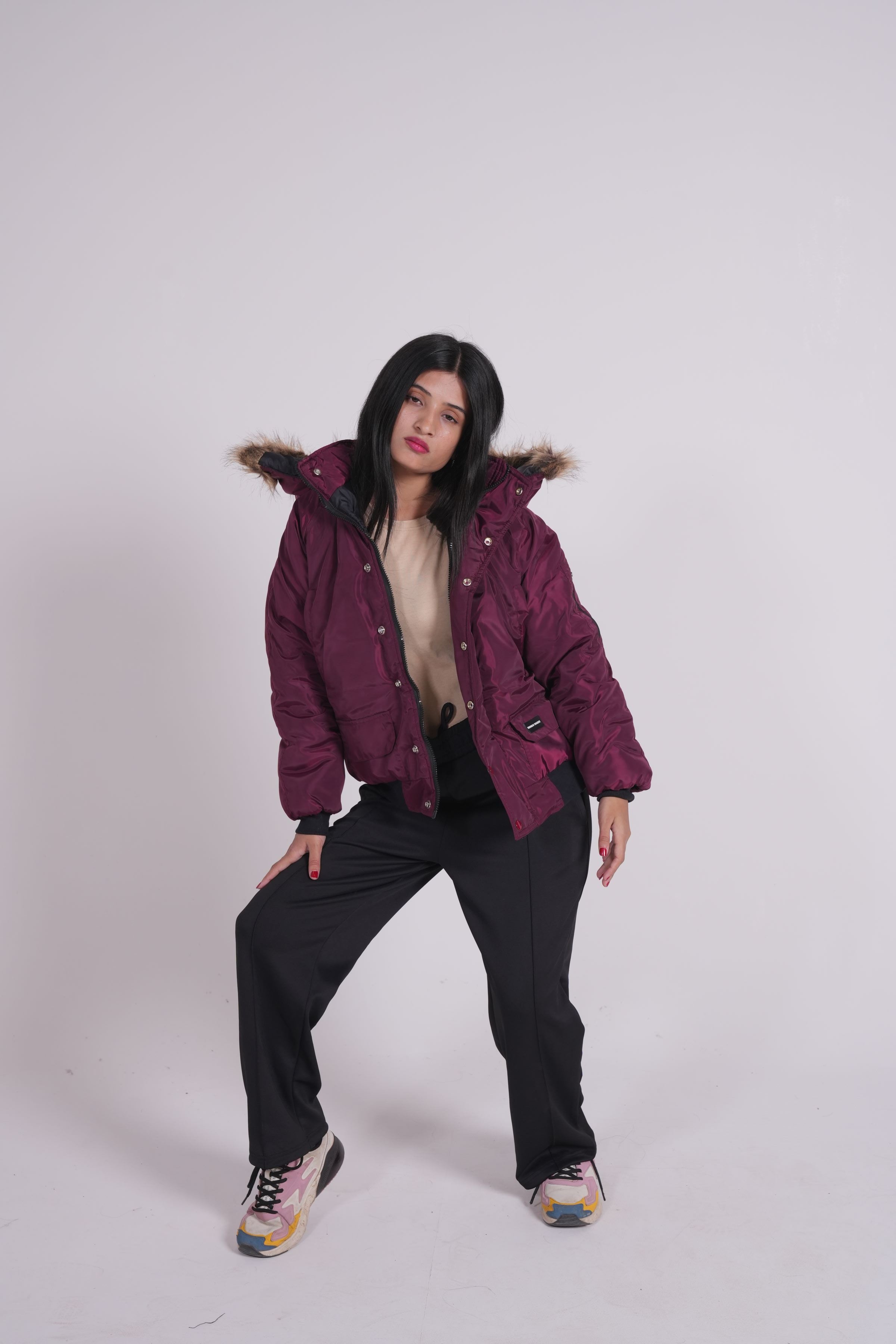 Maroon - Fur hoodie puffer jacket