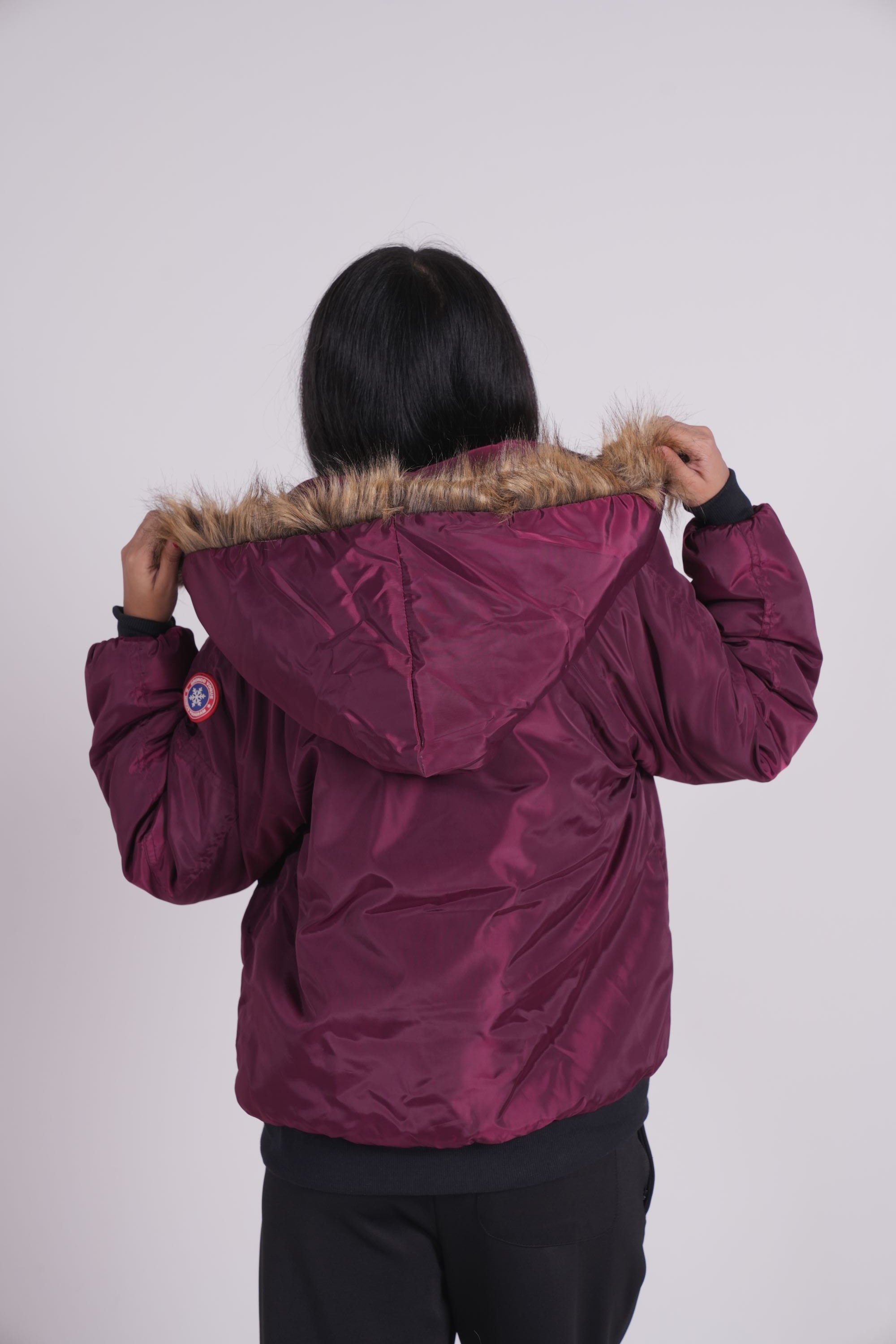 Maroon - Fur hoodie puffer jacket