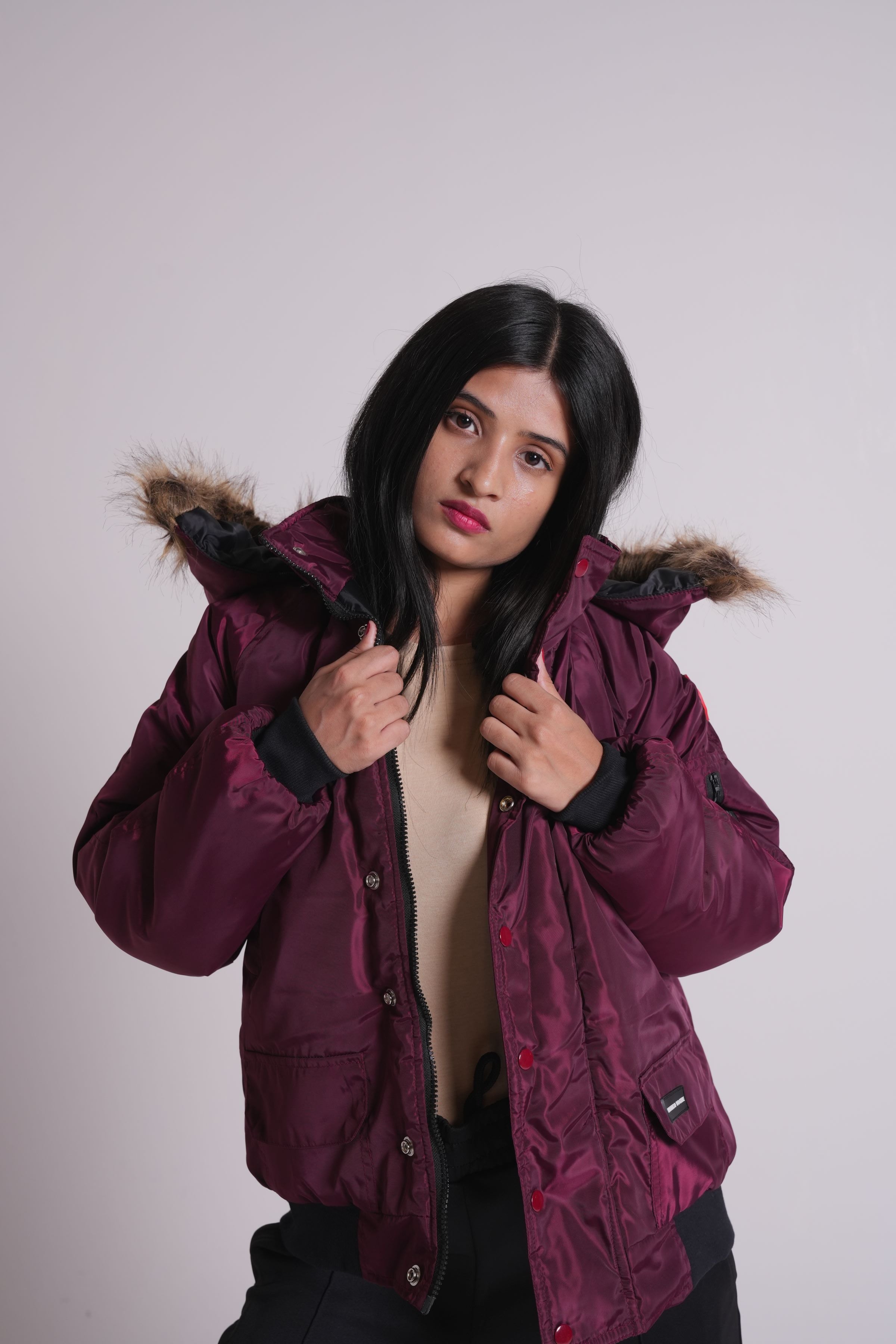 Maroon - Fur hoodie puffer jacket