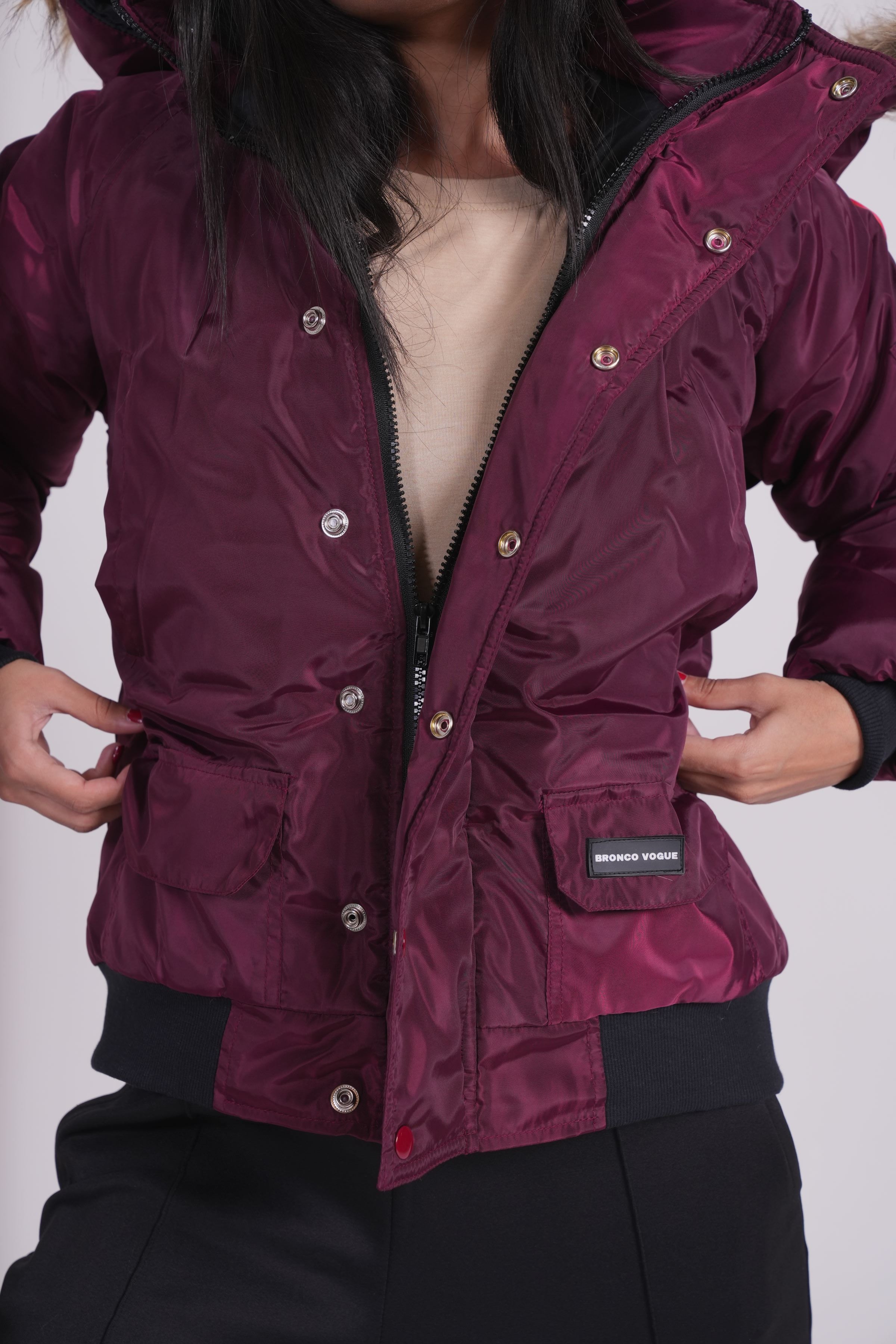 Maroon - Fur hoodie puffer jacket