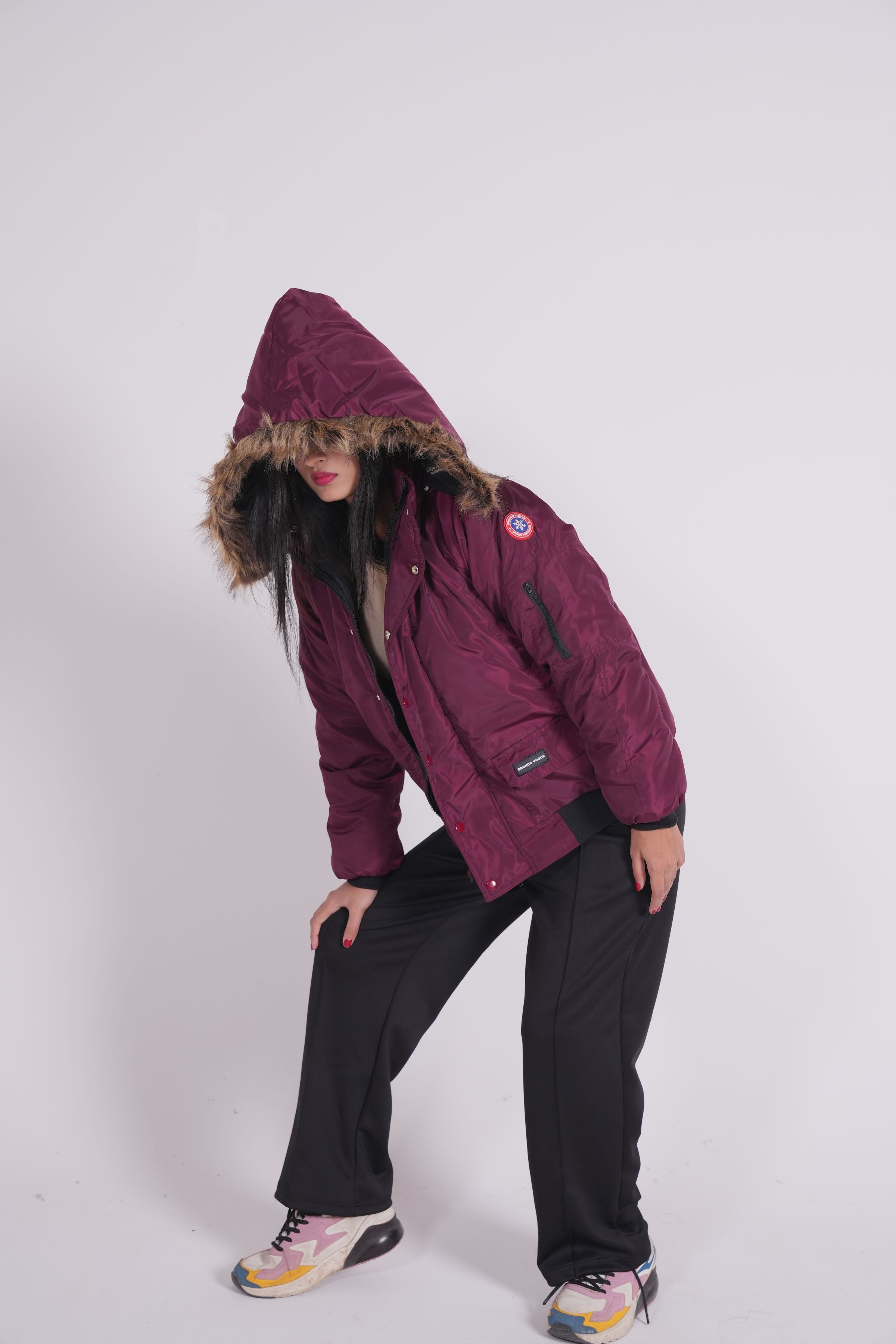 Maroon - Fur hoodie puffer jacket