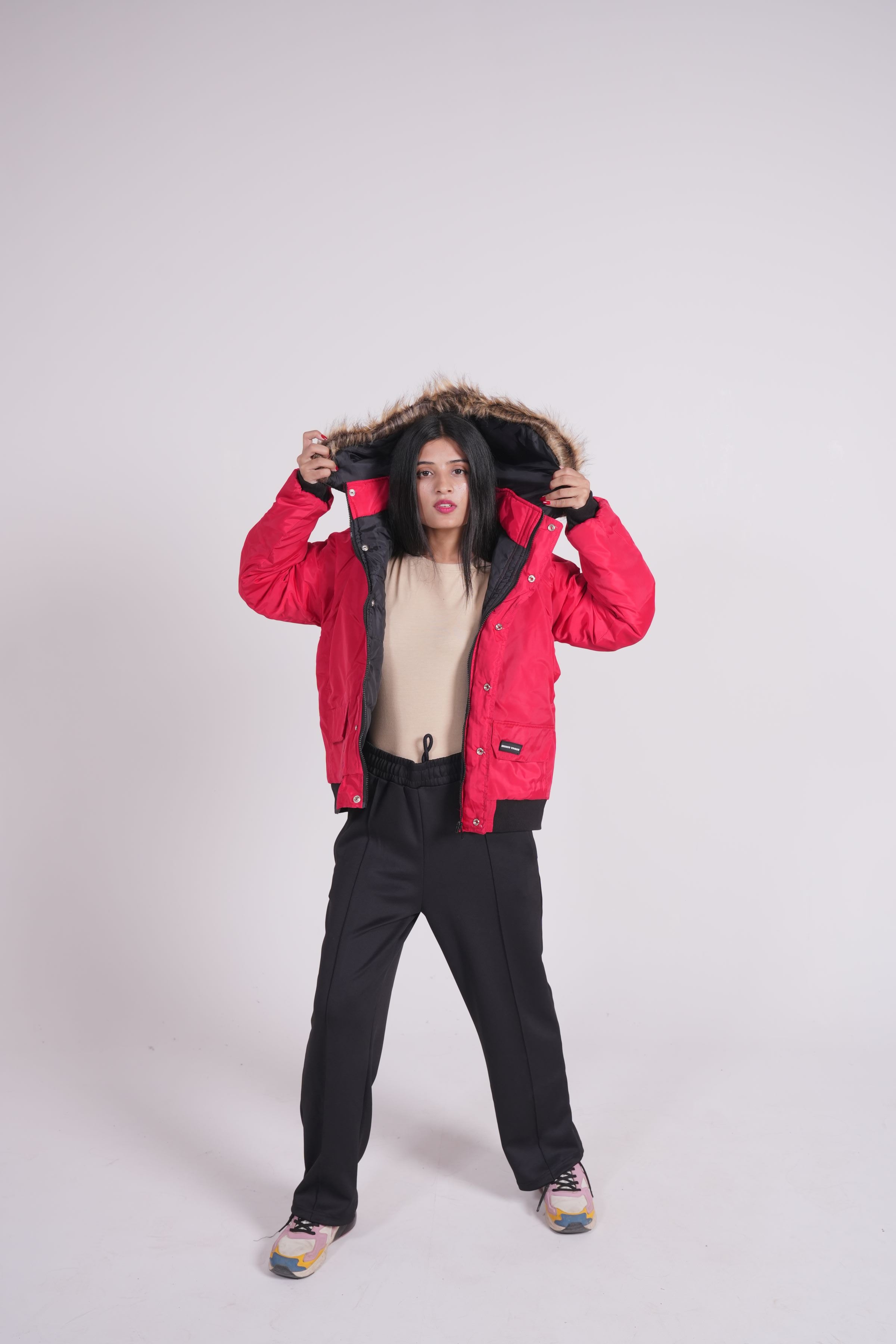 Red - Fur hoodie puffer jacket