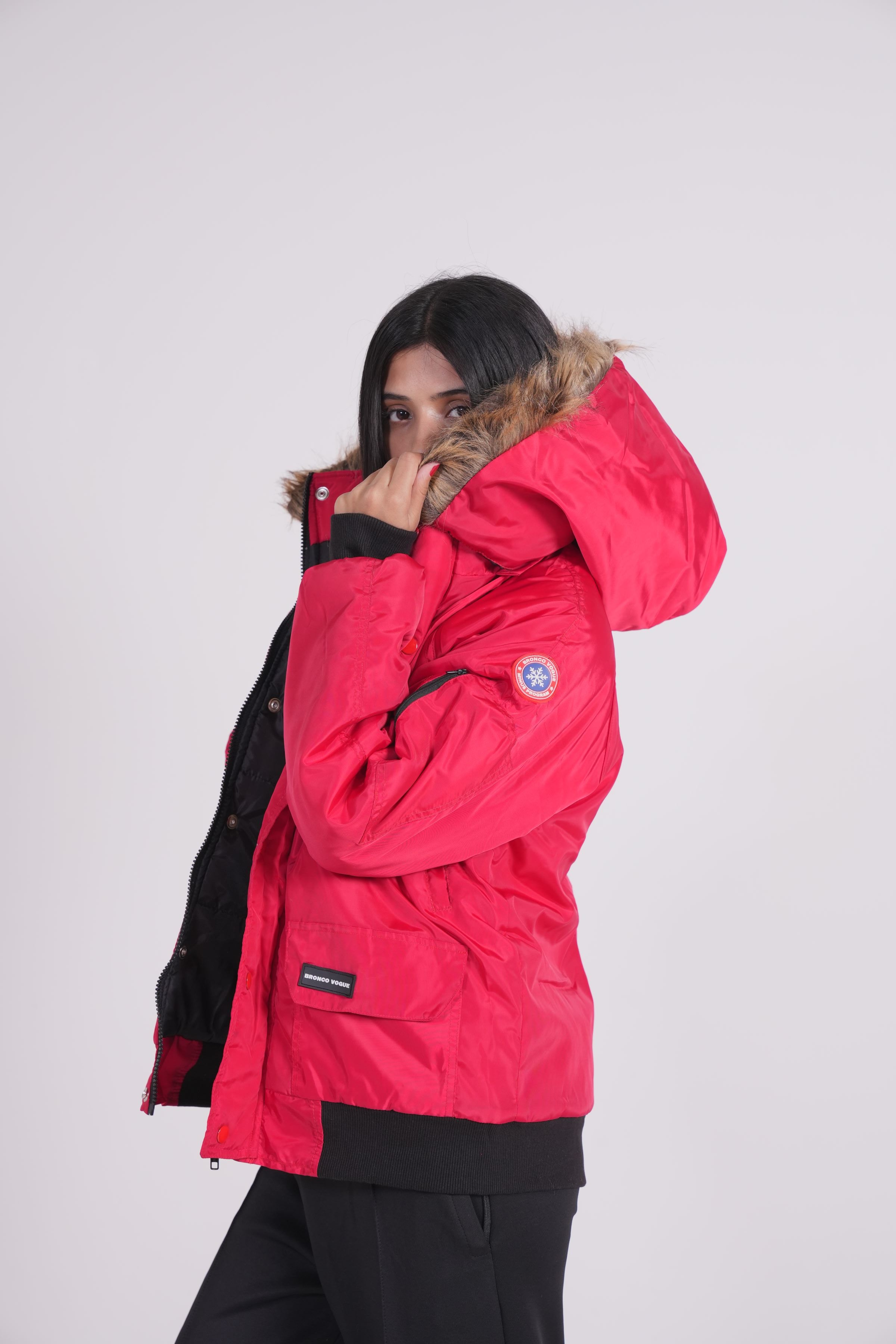 Red - Fur hoodie puffer jacket