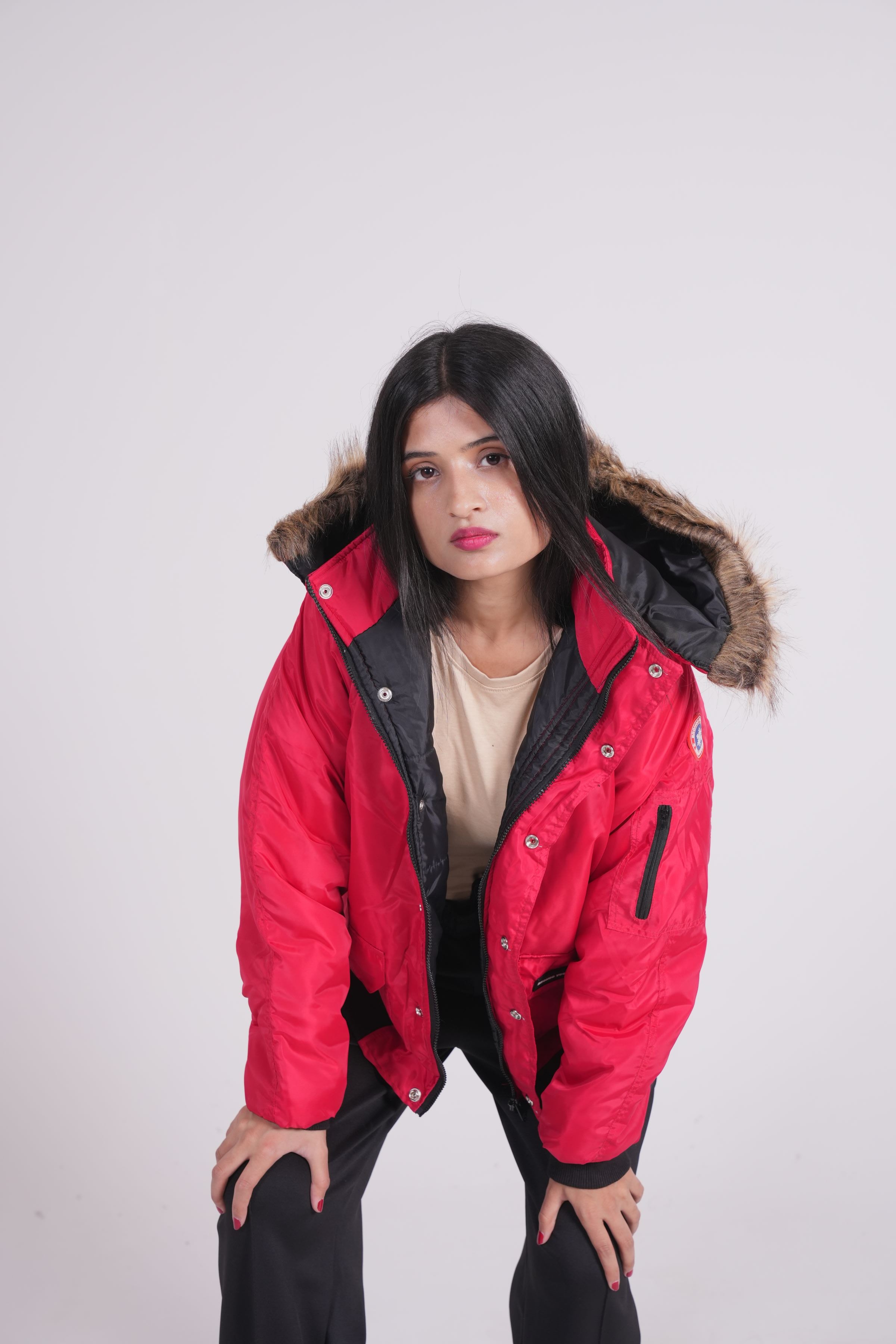 Red - Fur hoodie puffer jacket