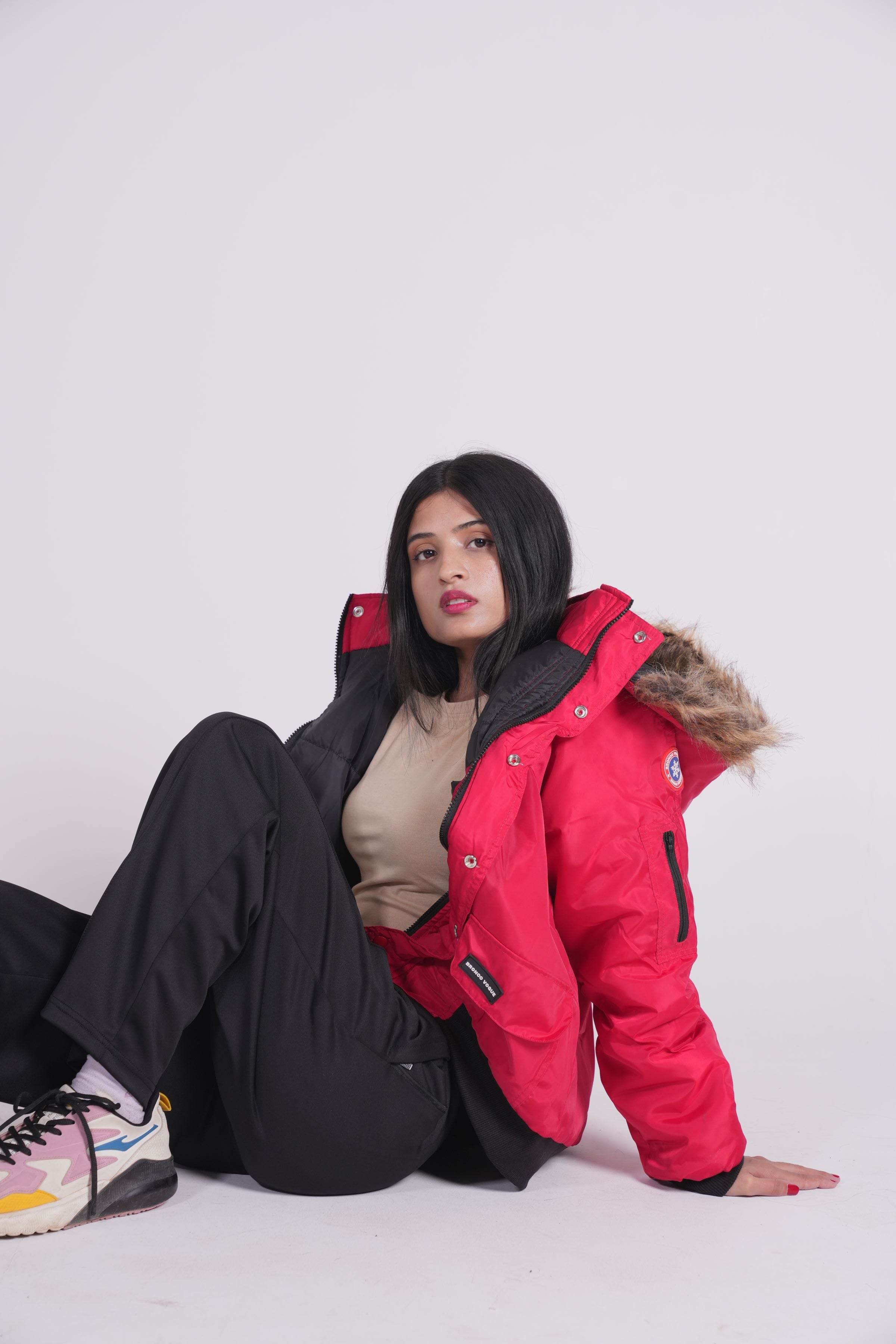 Red - Fur hoodie puffer jacket