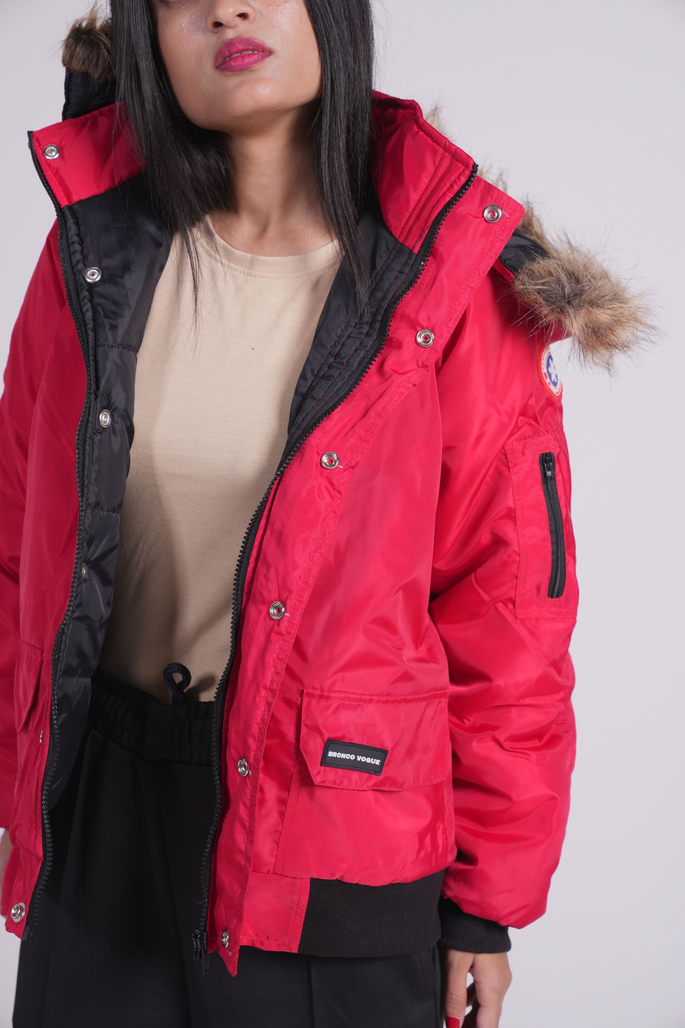 Red - Fur hoodie puffer jacket